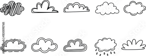 Soft cloud doodle set featuring simple outlines and light sketchy textures.