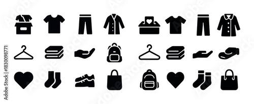 Clothing donation icons: shirts, pants, coats, accessories, and more