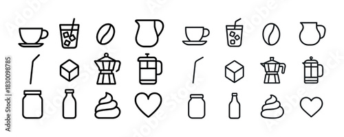 Minimalist coffee icons: cups, beans, pitchers, and more