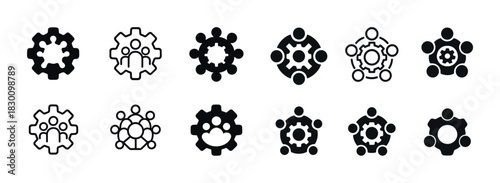 Set of gear and people icons representing teamwork and collaboration