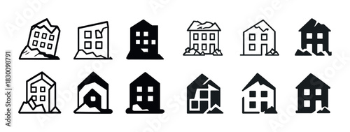 Earthquake-damaged buildings icon set: cracked structures and collapsed houses