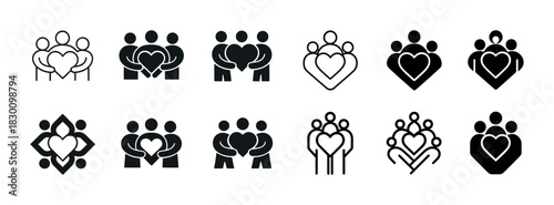 Set of family and heart icons illustrating unity and love in black and white