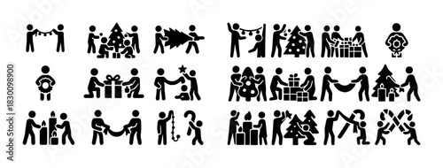 Black silhouette icons of holiday festivities and gift exchange