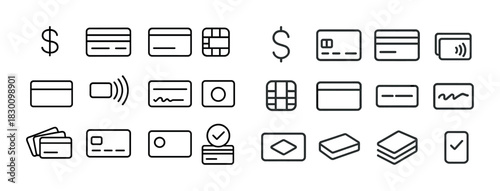 Set of minimalist payment and credit card icons with contactless feature