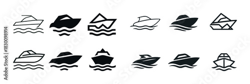 Set of nautical boat icons featuring various designs and styles