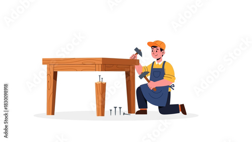 Man assembling a wooden table with a hammer, showing a DIY furniture project