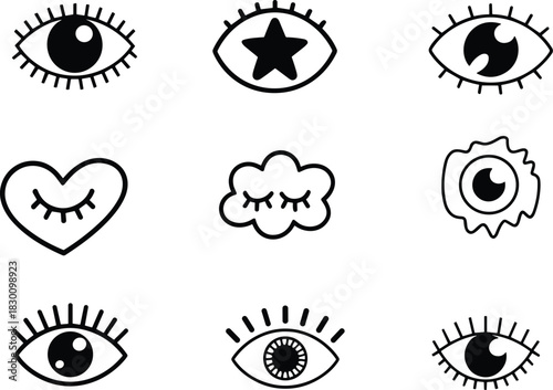 Minimal eye doodle pack created with expressive black-line variations.