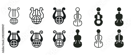 Musical instrument icons: lyre, violin, globe symbols collection