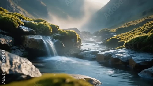 Mountain stream flowing through mossy rocks.