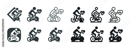 Icons of exercising on stationary bikes with heartbeat symbols