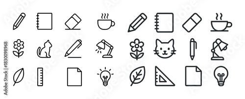 Minimalist icons: stationery, coffee, cat, flower, lamp, leaf, bulb