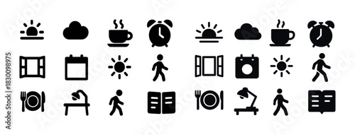 Daily routine icons: sunrise, coffee, walking, fitness, relaxation