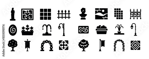 Set of garden icons including statues, plants, fences, and arches in black silhouette