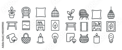 Minimalist home decor icons set featuring furniture, plants, and lighting elements