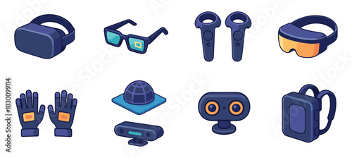 Virtual reality gear, glasses, controllers, flat vector illustration, vr accessories