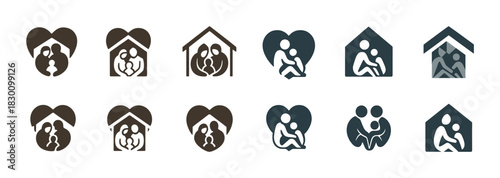 Family icons set: heart and home designs in various styles