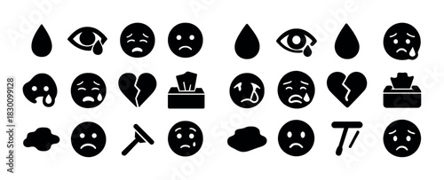 Set of sadness and crying emojis with tear, tissue box, and broken heart symbols
