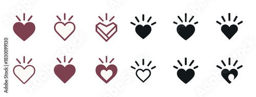 Set of heart icons with radiating lines in black and red