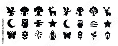 Set of fantasy and nature silhouettes: fairies, stars, and woodland creatures