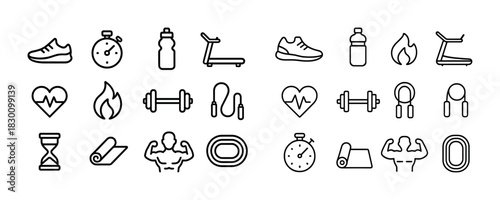 Fitness icon set: shoes, stopwatch, treadmill, heartbeat, dumbbells, and more