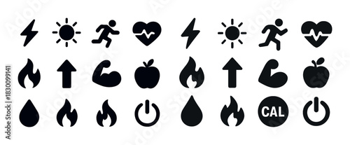 Fitness icons: running, heartbeat, strength, hydration, energy symbols