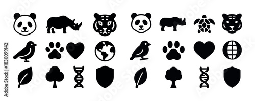 Animal icons collection: panda, rhino, turtle, bird, tiger, dna, heart, globe, shield