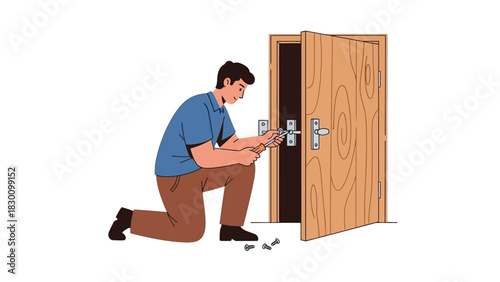 Man fixing a door lock with a screwdriver, Home repair and maintenance