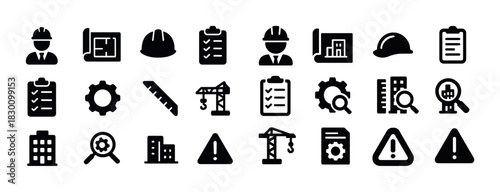 Construction icons set: hard hats, blueprints, gear, crane, checklist, hazard signs