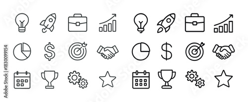 Outline business icons set: lightbulb, rocket, trophy, star, graph, target
