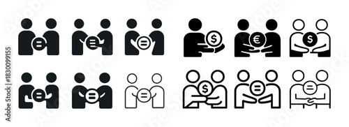 Black and white stick figures showing diverse currency exchange interactions