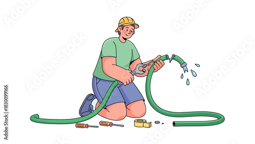 Determined man attempting to fix a broken garden hose with tools, addressing a leaky water pipe problem in the backyard