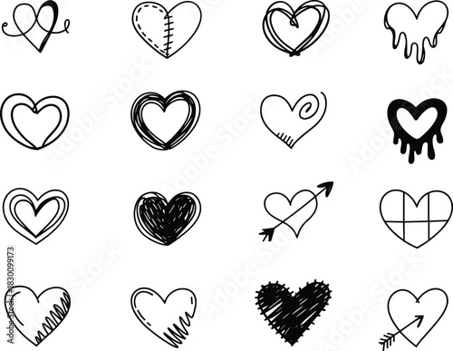 Playful heart doodle set with sketchy patterns and loose decorative strokes.