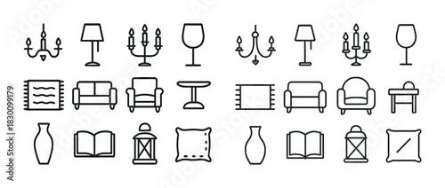 Home decor line icons: lamps, chandeliers, furniture, lanterns, vases, books, pillows