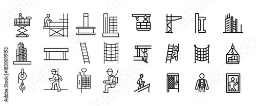 Construction icons set: tools, scaffolding, buildings, workers, ladders