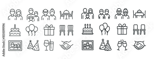 Family celebration icons: diverse family, party decor, and dining symbols