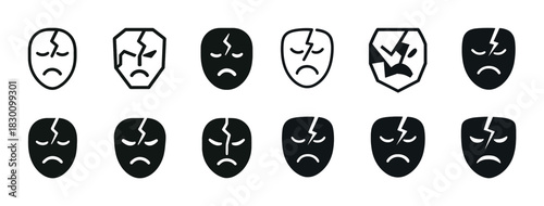 Set of sad masks with cracks in various styles and shapes