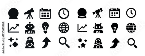 Collection of minimalist icons: globe, robot, telescope, calendar, clock, graph, search, light bulb