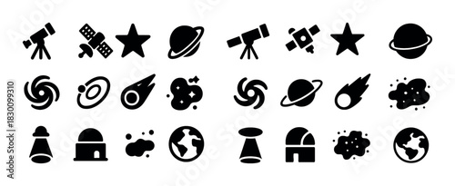 Set of astronomy icons including telescope, satellite, star, planet, galaxy, meteor, and observatory