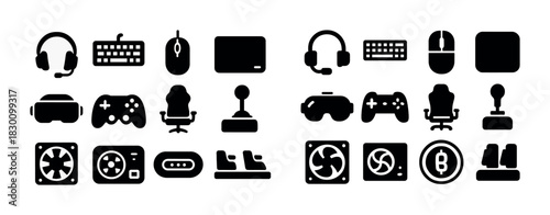 Gaming accessories icons: controllers, headsets, keyboards, mice, vr sets, fans, joysticks
