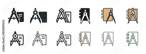 Set of technical drawing icons: compasses and notebooks in various styles