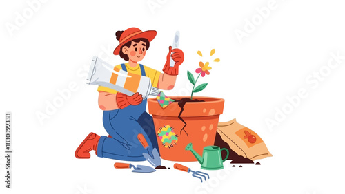 Illustration of a gardener lovingly repairing a cracked terracotta pot, symbolizing care and restoration in horticulture