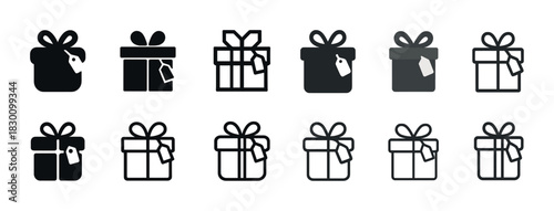 Set of gift box icons with ribbons and tags in various styles