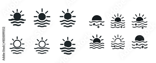 Set of 12 minimalist sun and wave icons in black on white background
