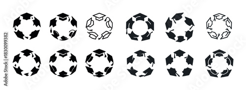 Collection of black and white geometric arrow patterns in circular design