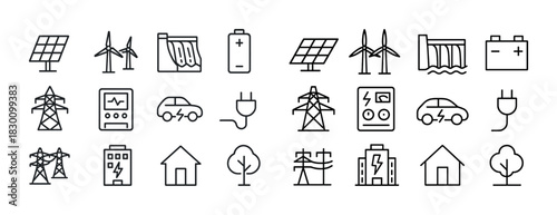 Renewable energy icons set featuring solar panels, wind turbines, and electric vehicles