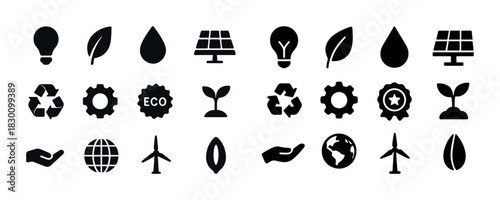 Sustainable energy icons: lightbulb, leaf, droplet, solar panel, recycle, gear, eco, plant, globe, wind turbine
