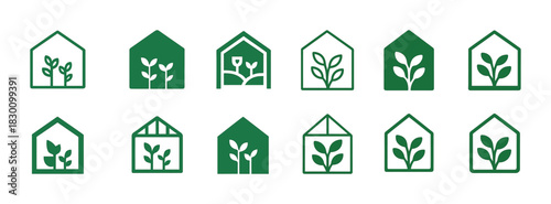 Greenhouse icons: collection of plant and leaf symbols inside house shapes