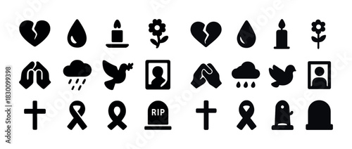 Set of funeral and memorial icons featuring symbols of mourning and remembrance