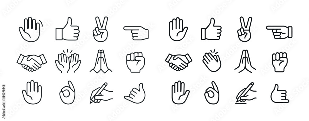 Fototapeta premium Variety of hand gesture icons: thumbs up, peace sign, pointing, handshake, fist