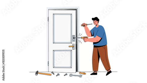 Home repair locksmith fixing door lock with tools, illustration of maintenance